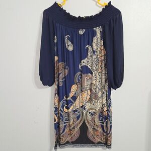 B#21 Beware! Paisley Print Dress Womens L Off Shoulder 3/4 Sleeve Navy Blue